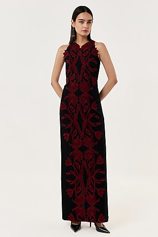 Black & Red Viscose Organza Thread Embroidered Maxi Dress by Shriya Khanna