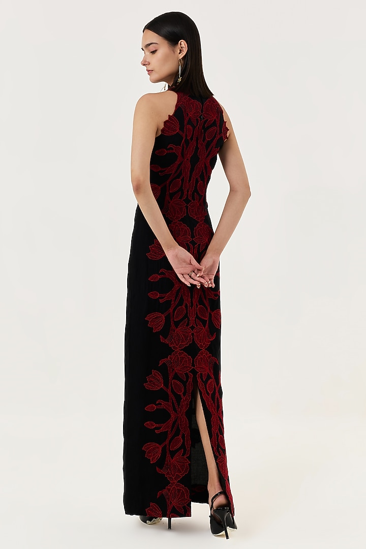 Black & Red Viscose Organza Thread Embroidered Maxi Cocktail Dress by Shriya Khanna at Pernia's Pop Up Shop