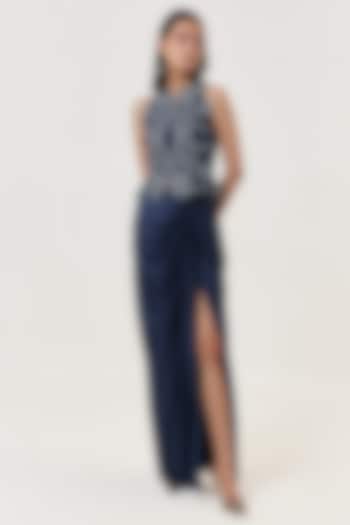 Navy Blue Satin Draped Skirt Set by Shriya Khanna at Pernia's Pop Up Shop