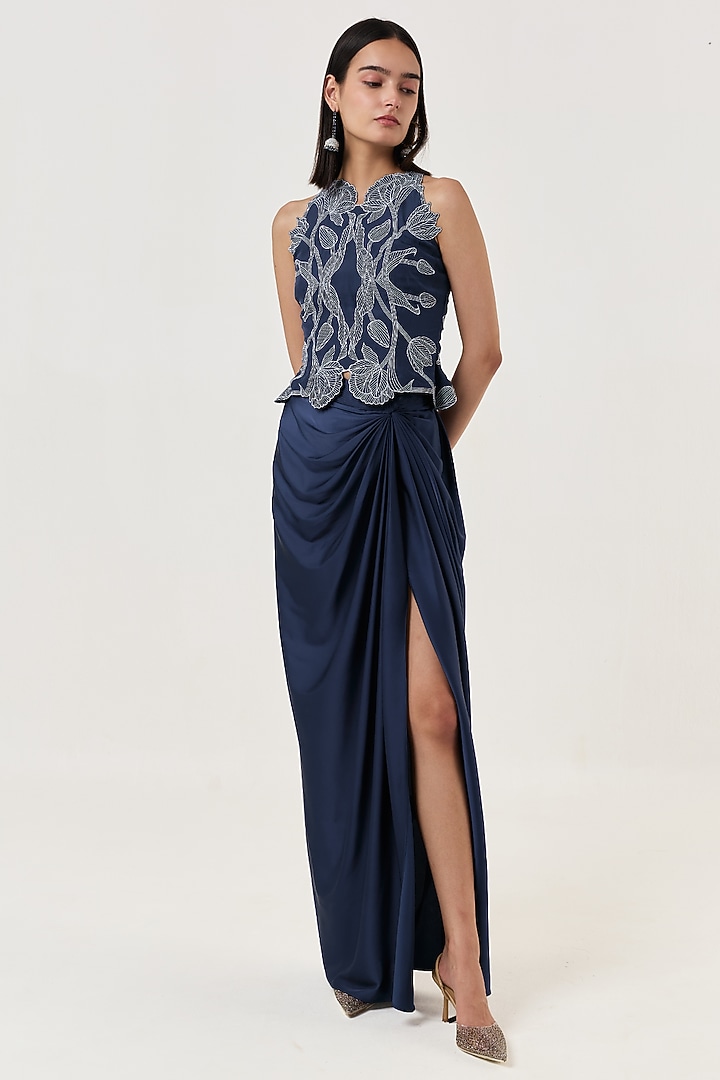 Navy Blue Satin Draped Skirt Set by Shriya Khanna at Pernia's Pop Up Shop