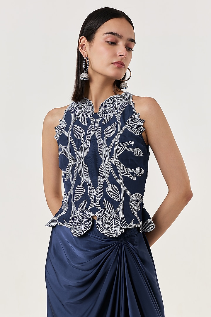 Navy Blue Organza Hand Embroidered Top by Shriya Khanna at Pernia's Pop Up Shop