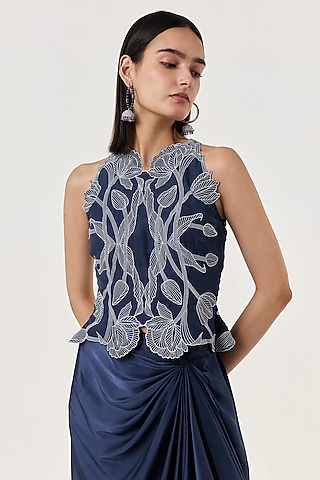 Navy Blue Organza Hand Embroidered Top by Shriya Khanna