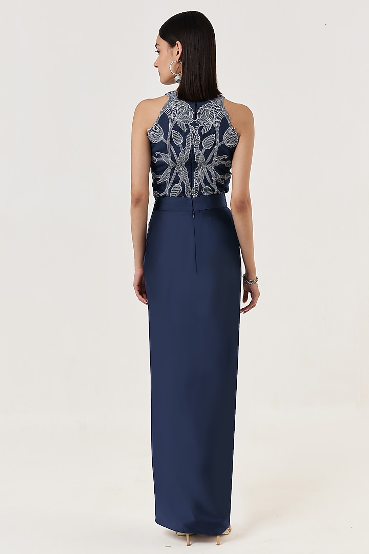 Navy Blue Organza Hand Embroidered Top by Shriya Khanna at Pernia's Pop Up Shop