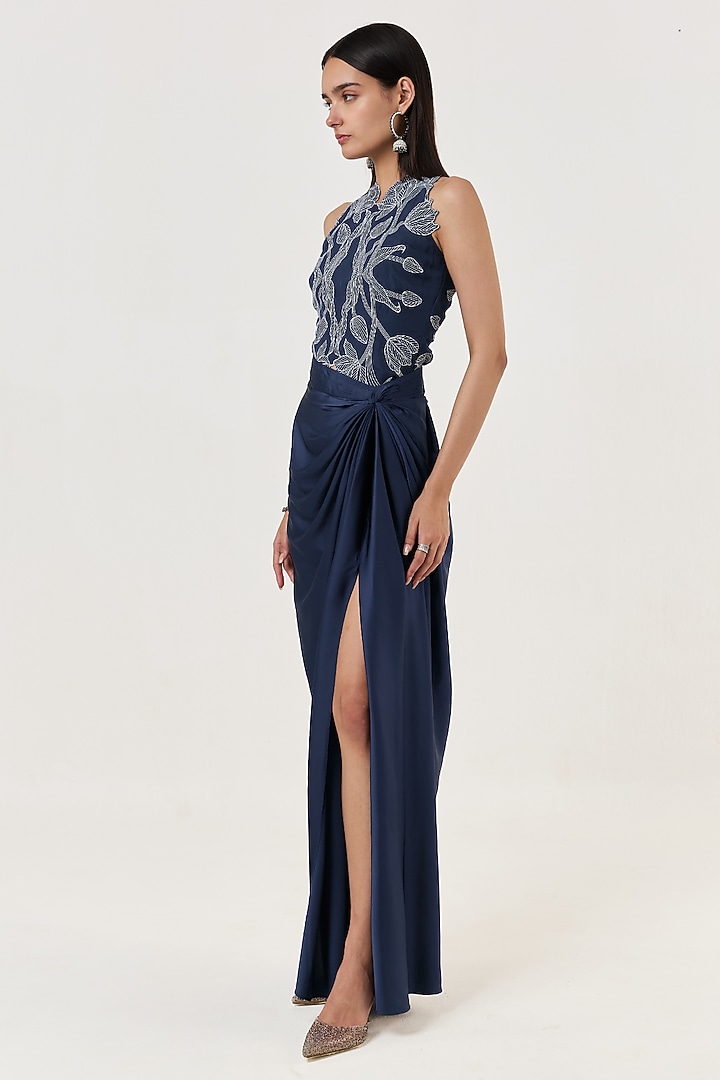 Navy Blue Organza Hand Embroidered Top by Shriya Khanna at Pernia's Pop Up Shop