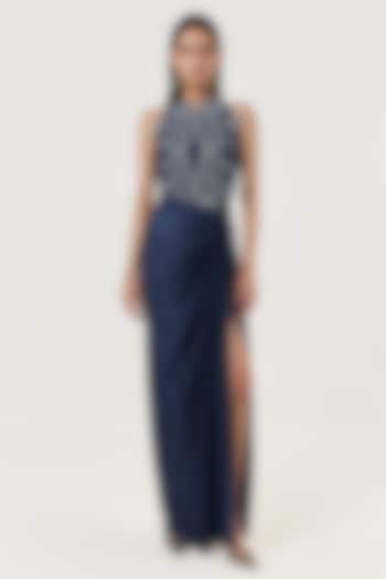 Navy Blue Novel Satin Draped Skirt by Shriya Khanna at Pernia's Pop Up Shop