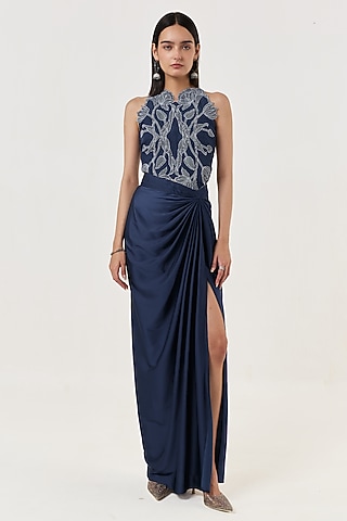 Navy Blue Novel Satin Draped Skirt by Shriya Khanna