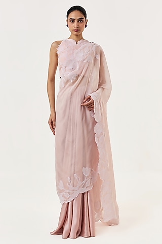 Blush Pink Organza Hand Embroidered Pre-Stitched Saree Set by Shriya Khanna