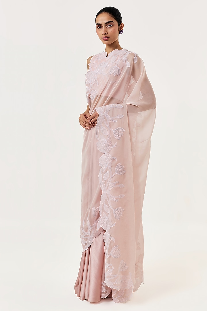 Blush Pink Organza Hand Embroidered Pre-Stitched Wedding Saree Set by Shriya Khanna at Pernia's Pop Up Shop