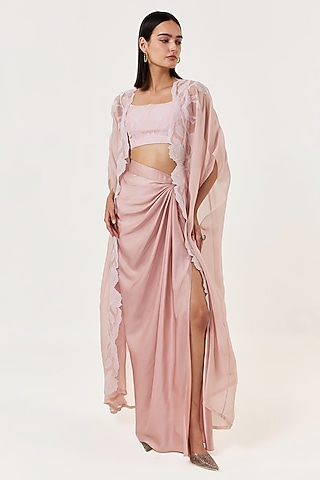 Blush Pink Organza Hand & Machine Embroidered Cape Set by Shriya Khanna