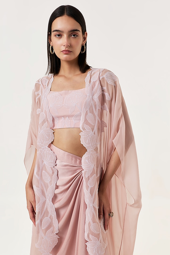 Blush Pink Organza Hand & Machine Embroidered Cape Set by Shriya Khanna at Pernia's Pop Up Shop