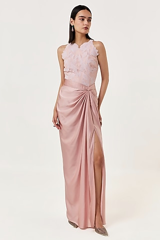 Blush Pink Satin Draped Skirt Set by Shriya Khanna