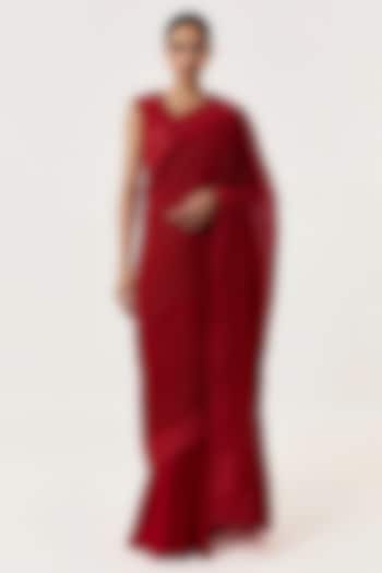 Red Organza Hand Embroidered Pre-Stitched Wedding Saree Set by Shriya Khanna at Pernia's Pop Up Shop