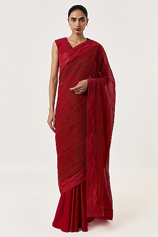Red Organza Hand Embroidered Pre-Stitched Saree Set by Shriya Khanna