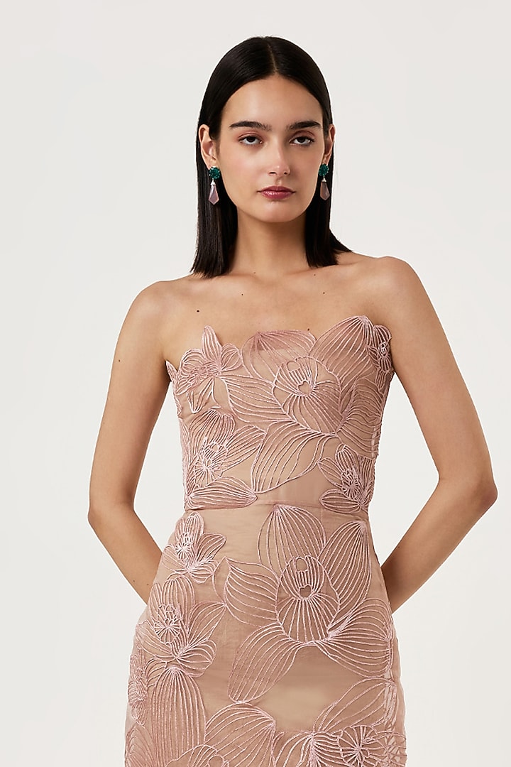 Rose Gold Organza Applique Embroidered Midi Vacation Dress by Shriya Khanna at Pernia's Pop Up Shop