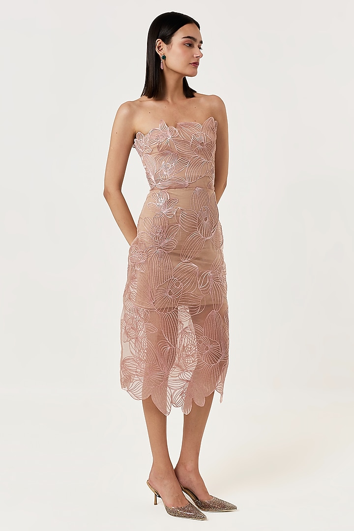 Rose Gold Organza Applique Embroidered Midi Vacation Dress by Shriya Khanna at Pernia's Pop Up Shop