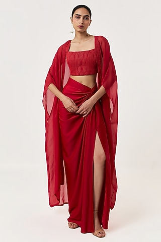 Red Novel Organza Cape Set by Shriya Khanna