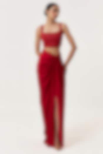 Red Novel Organza & Satin Draped Skirt Set by Shriya Khanna at Pernia's Pop Up Shop