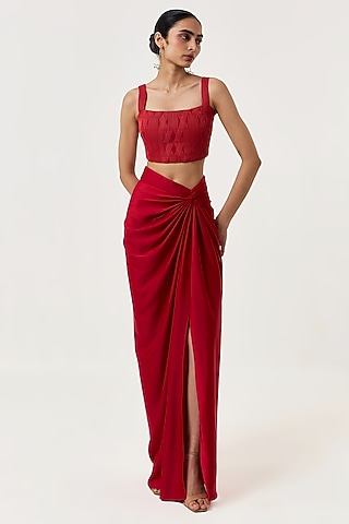 Red Novel Organza & Satin Draped Skirt Set by Shriya Khanna