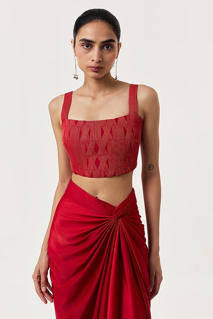 Red Novel Organza & Satin Draped Skirt Set by Shriya Khanna at Pernia's Pop Up Shop