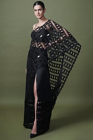 Black Organza Pre-Stitched Saree by Shriya Khanna