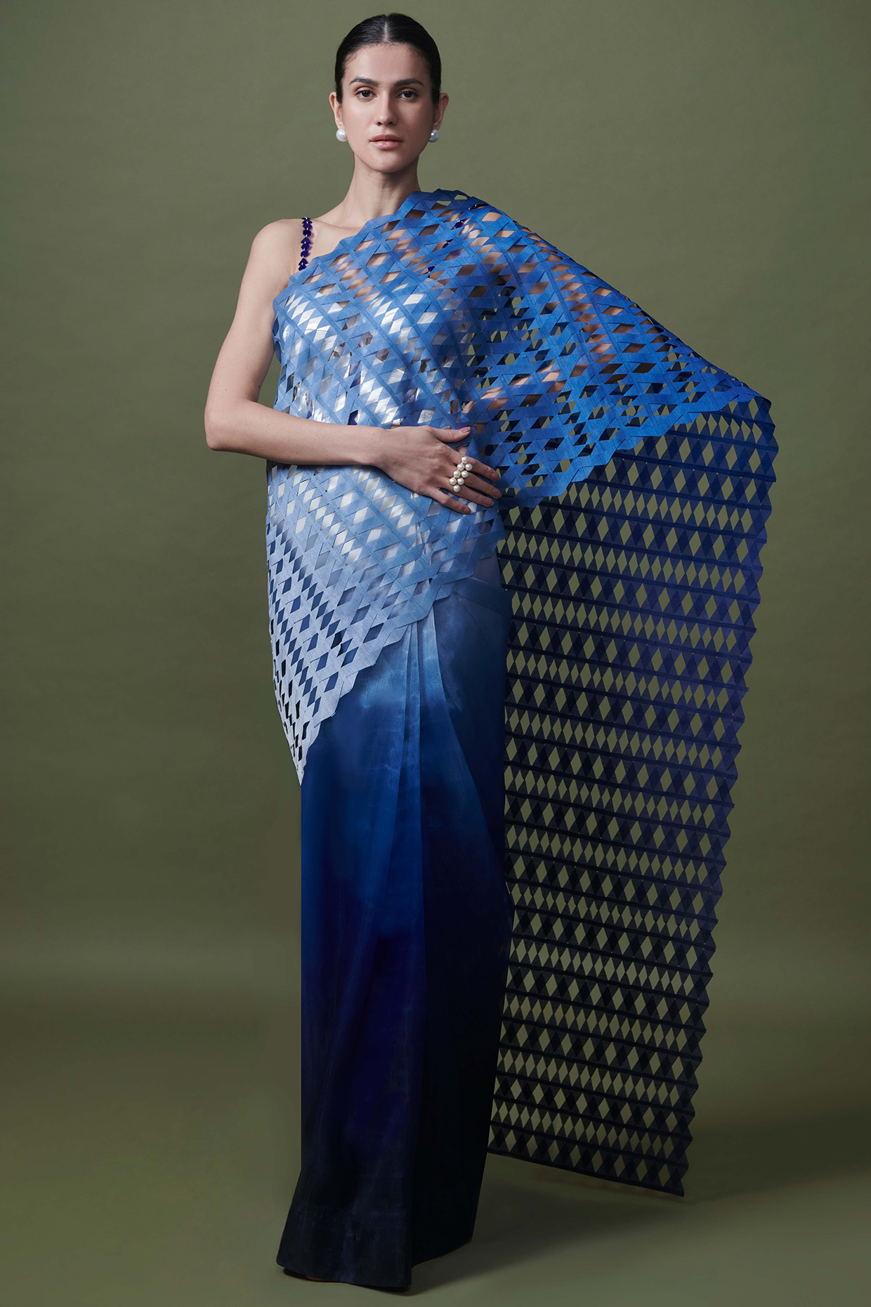 Indigo Organza Pre-Stitched Wedding Saree by Shriya Khanna at Pernia's Pop Up Shop