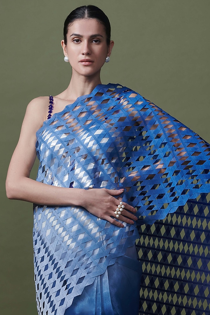 Indigo Organza Pre-Stitched Wedding Saree by Shriya Khanna at Pernia's Pop Up Shop