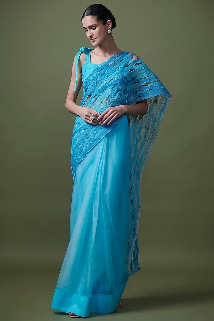 Blue Organza Pre-Stitched Saree by Shriya Khanna