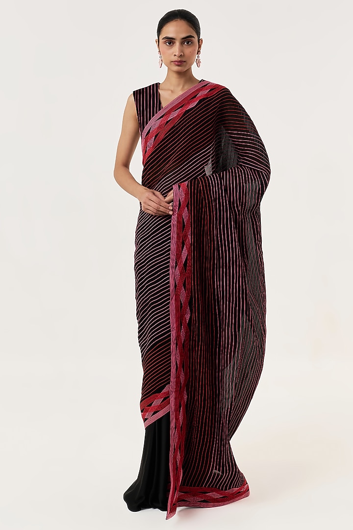 Black Organza Hand Embroidered Pre-Stitched Wedding Saree Set by Shriya Khanna at Pernia's Pop Up Shop