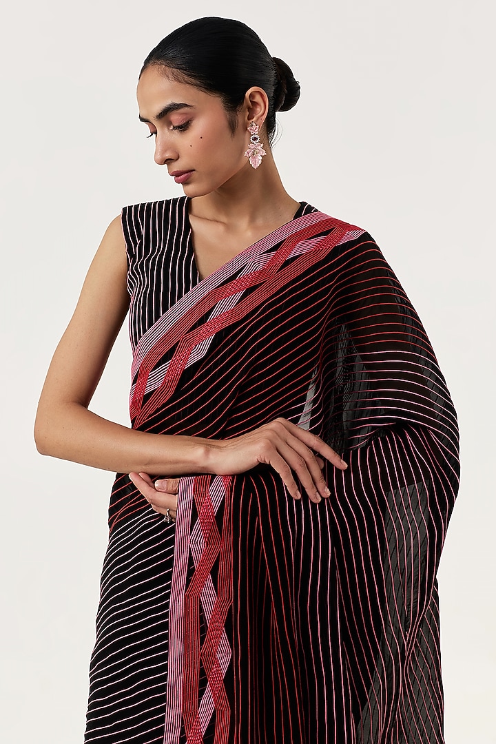 Black Organza Hand Embroidered Pre-Stitched Wedding Saree Set by Shriya Khanna at Pernia's Pop Up Shop