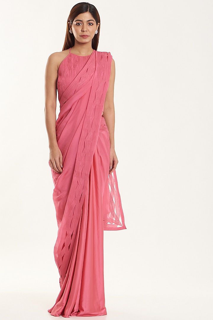 Pink Satin & Organza Pre-Stitched Saree Set by Shriya Khanna