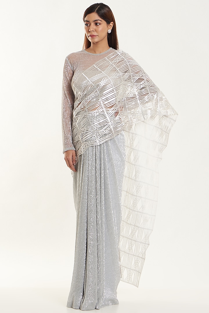 Grey Pre-Stitched Saree Set by Shriya Khanna
