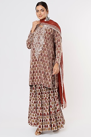 Grey Block Printed Sharara Set by Sangeeta Kilachand