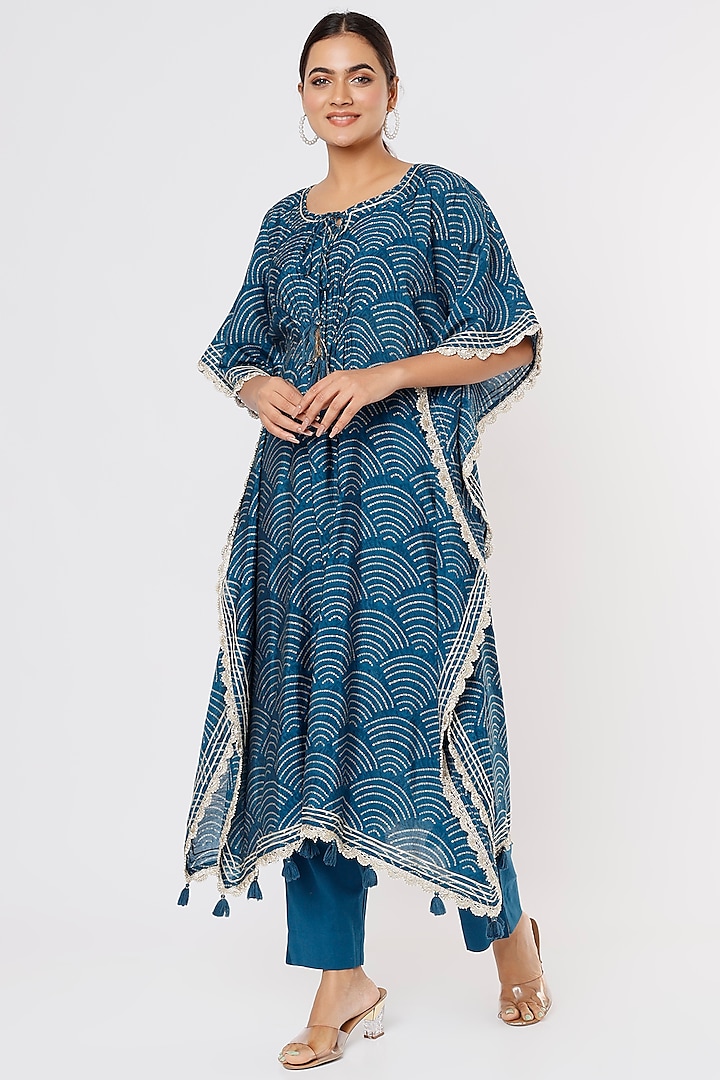 Blue Cotton Embroidered Kaftan Set by Sangeeta Kilachand