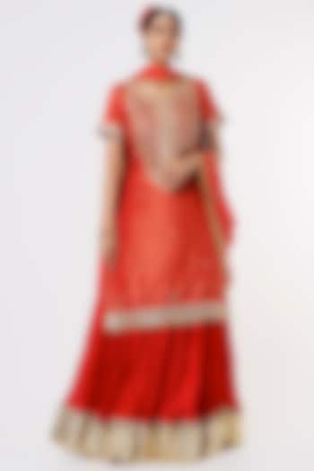 Red Embroidered Lehenga Set by Sangeeta Kilachand