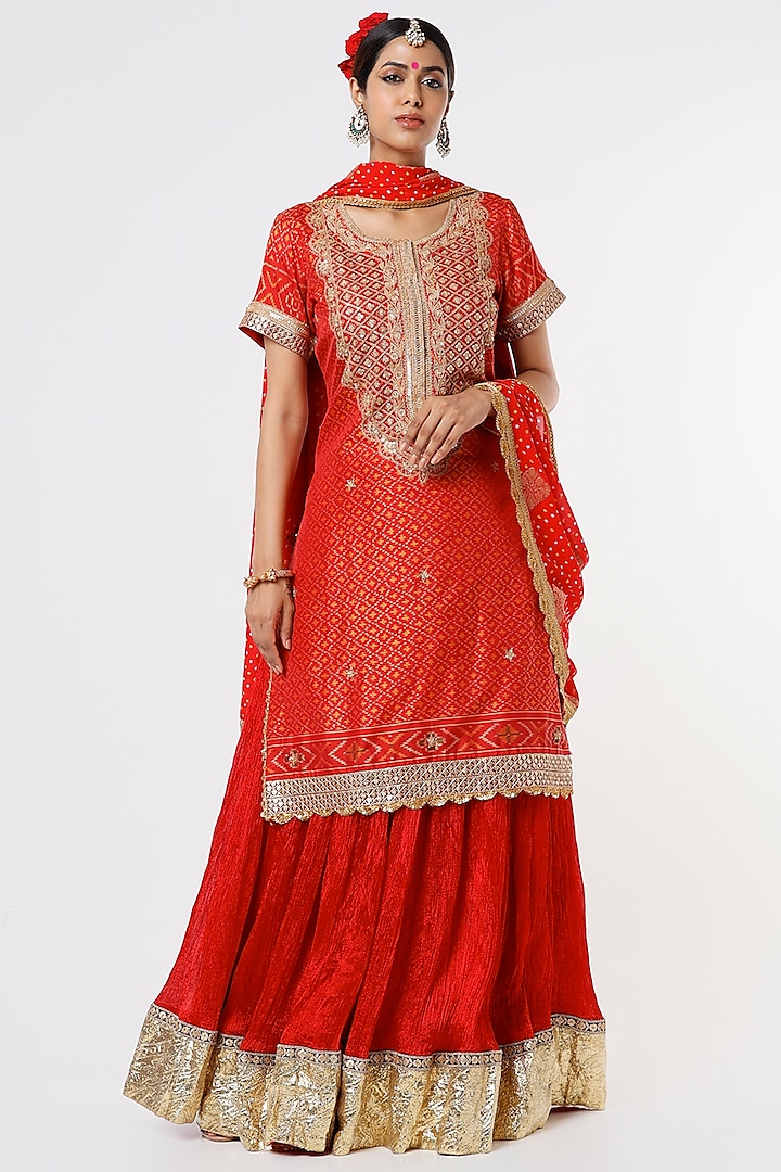 Red Embroidered Lehenga Set by Sangeeta Kilachand