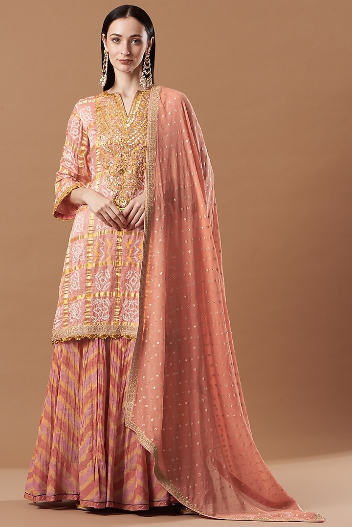 Peach Leheriya Printed Lehenga Set by Sangeeta Kilachand