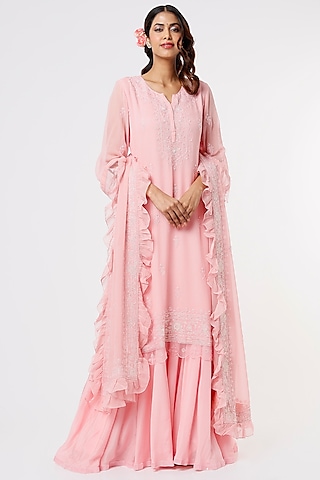 Blush Pink Georgette Sharara Set by Sangeeta Kilachand