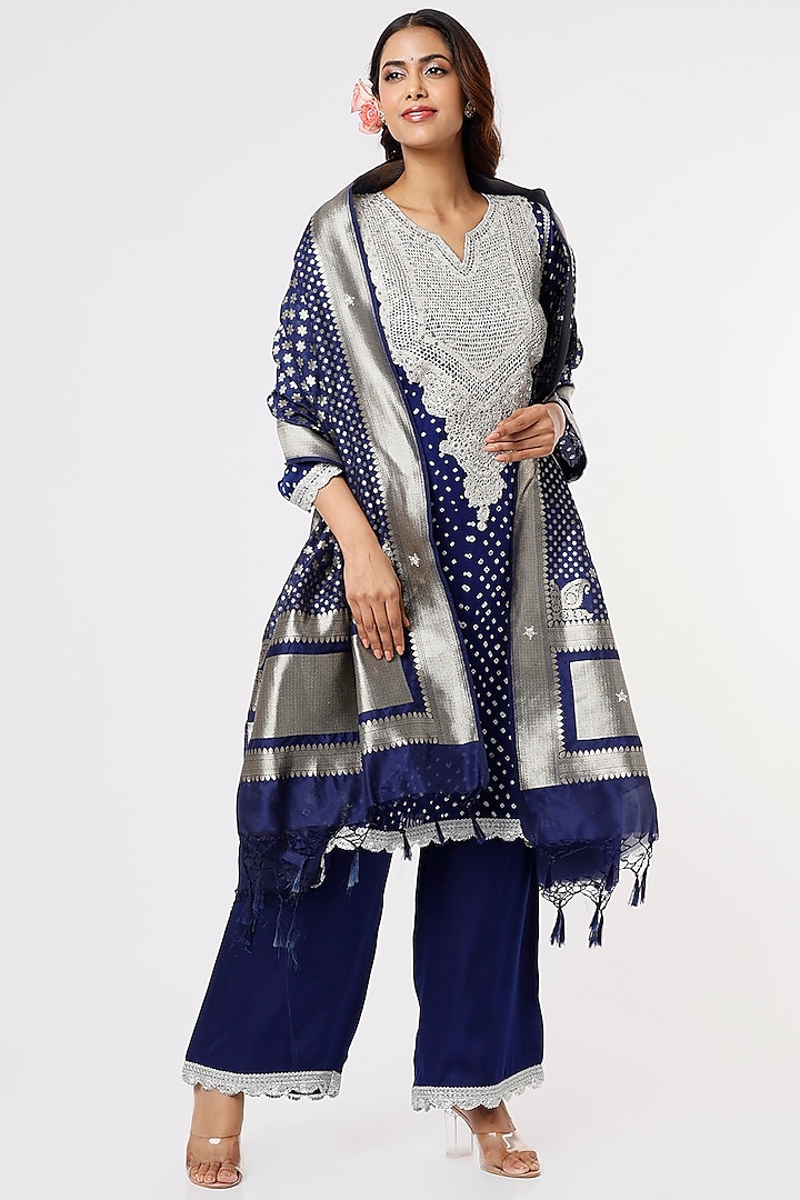 Navy Blue Hand Embroidered Kurta Set by Sangeeta Kilachand