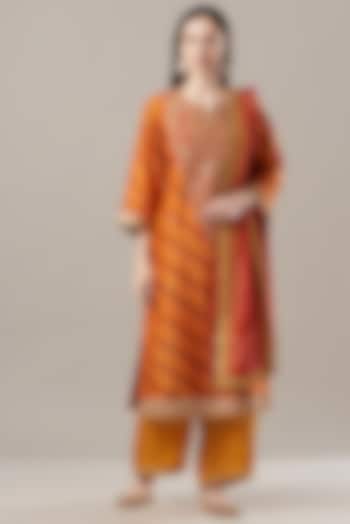Orange & Green Embroidered Kurta Set by Sangeeta Kilachand