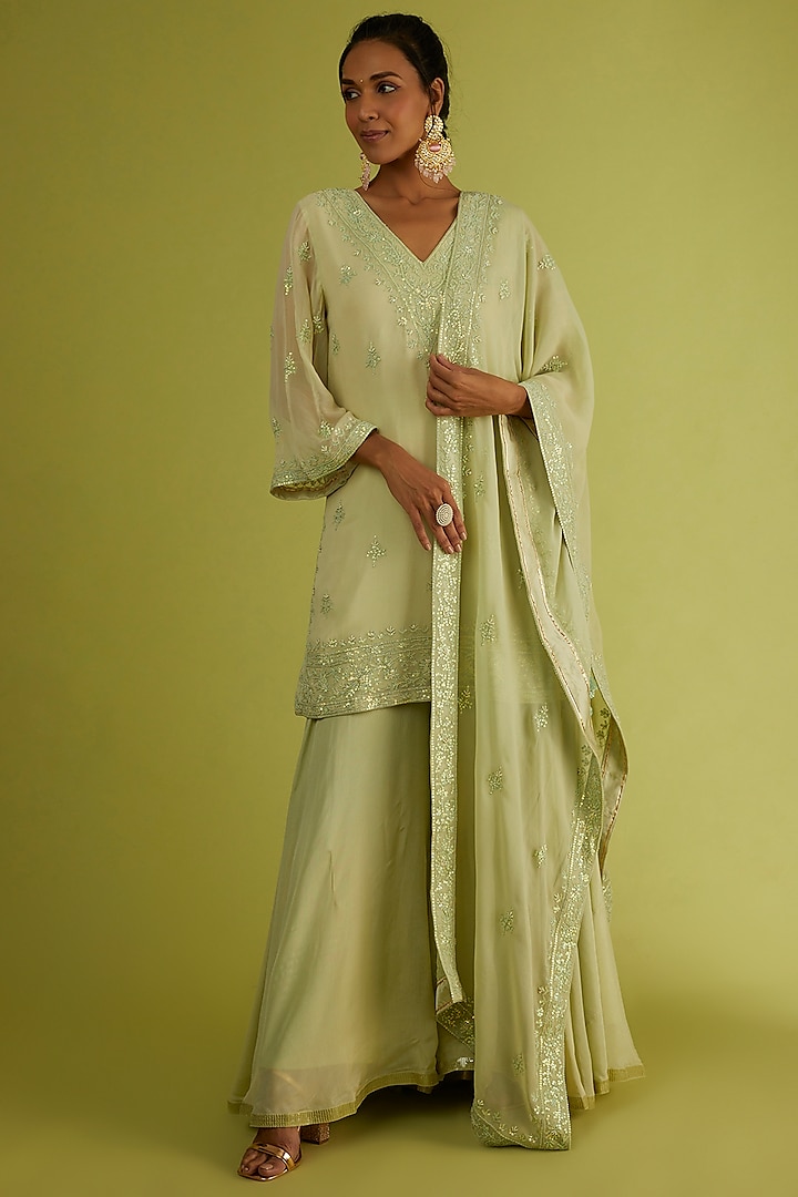 Pastel Green Georgette Sharara Set by Sangeeta Kilachand