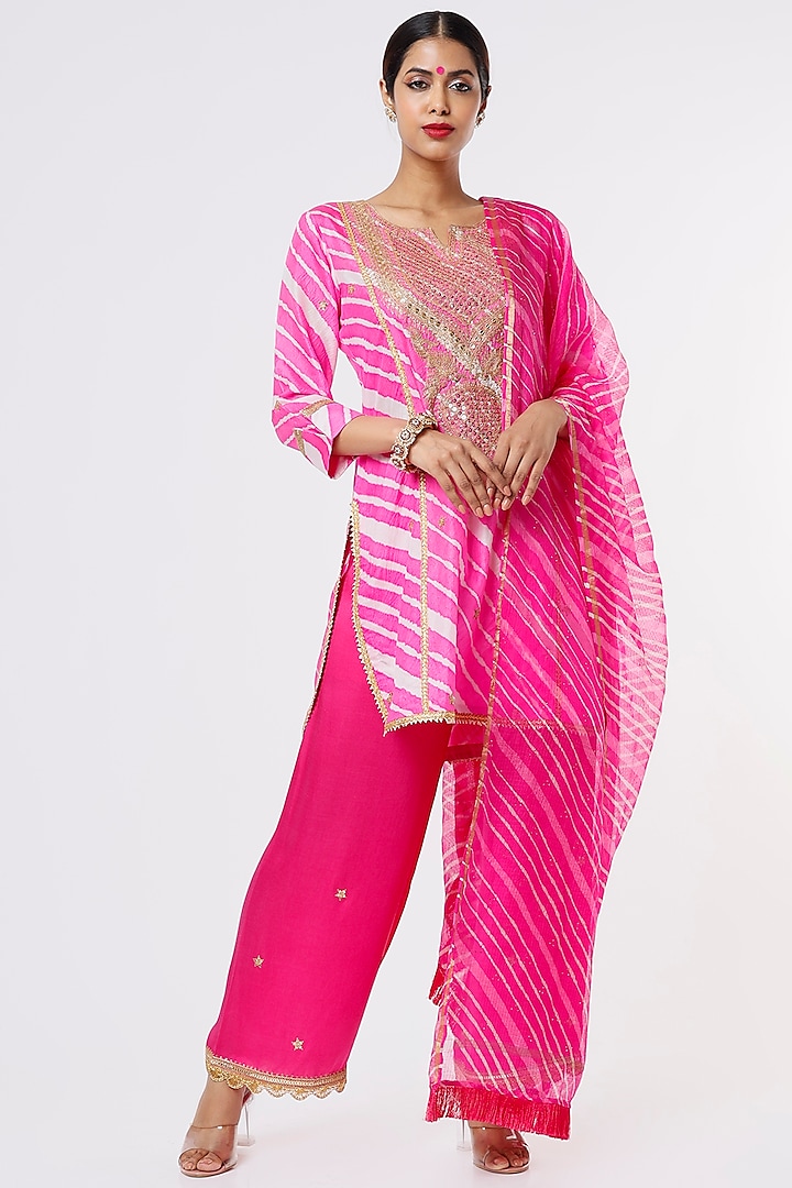 Neon Pink Embroidered & Printed Kurta Set by Sangeeta Kilachand