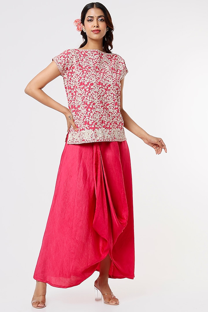 Neon Pink Crepe Silk Skirt Set by Sangeeta Kilachand