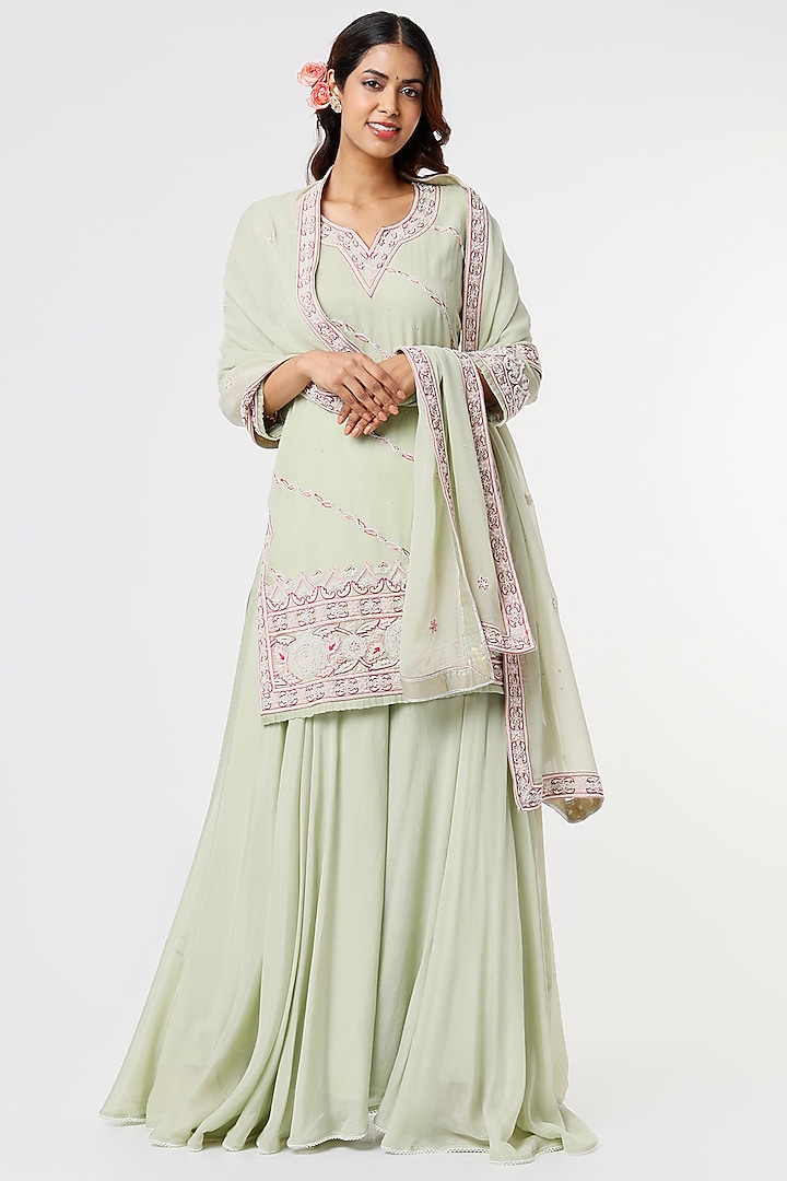 Pastel Green Georgette Sharara Set by Sangeeta Kilachand