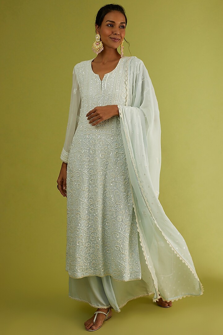 Powder Blue Chikankari Kurta Set by Sangeeta Kilachand at Pernia's Pop Up Shop