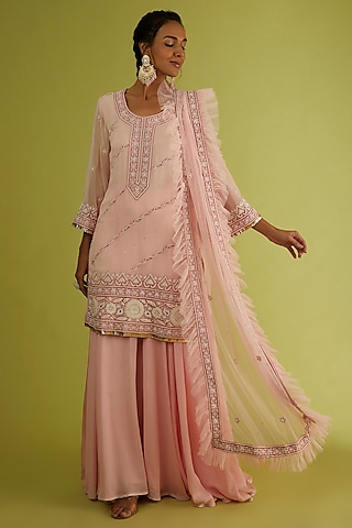 Blush Pink Georgette Sharara Set by Sangeeta Kilachand