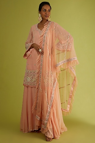 Peach Georgette Sharara Set by Sangeeta Kilachand