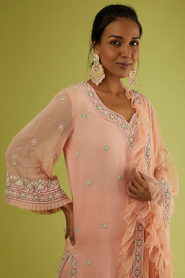 Peach Georgette Wedding Sharara Set by Sangeeta Kilachand at Pernia's Pop Up Shop