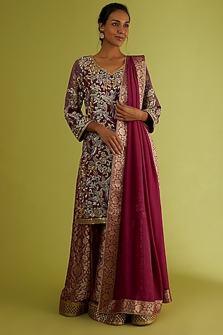 Wine Embroidered Lehenga set by Sangeeta Kilachand
