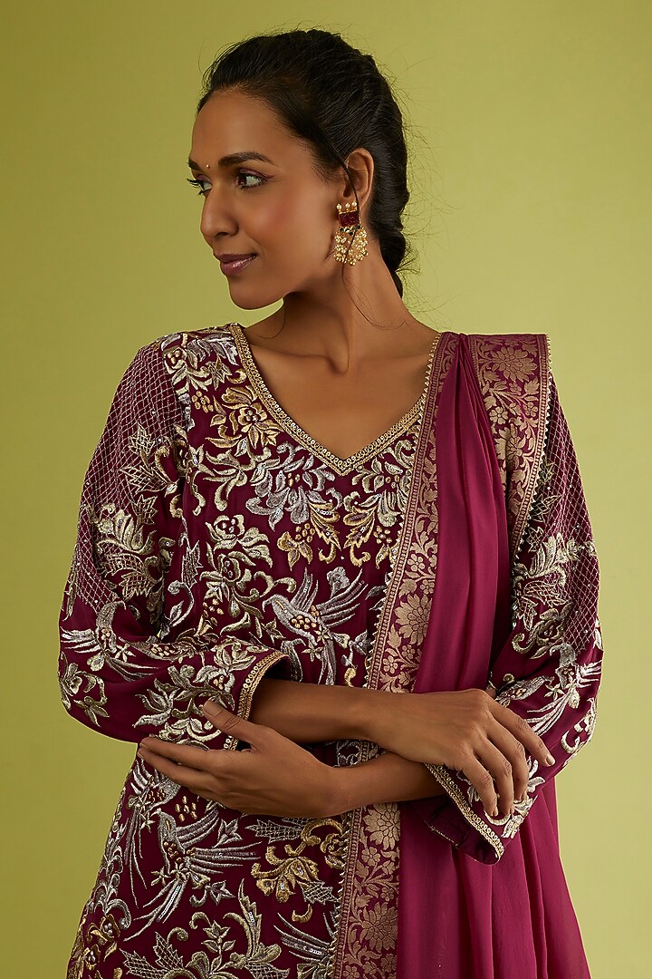 Wine Embroidered Wedding Lehenga set by Sangeeta Kilachand at Pernia's Pop Up Shop