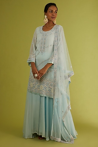 Powder Blue Embroidered Kurta Set by Sangeeta Kilachand